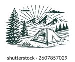 Camping Scene in a Mountain Landscape. Vector Illustration.