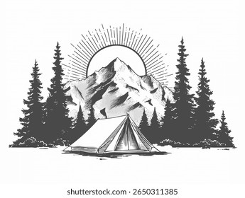 Escena de camping en un paisaje de montaña. Ilustración vectorial