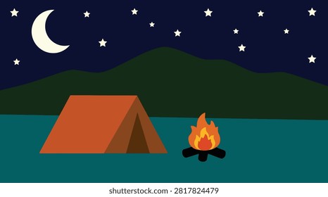 Camping scene with orange tent and campfire under crescent moon, campfire