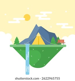 Camping scene presented on a floating island. Features tent, bench, mountain, waterfall under a sunny sky. Flat illustration for outdoor lifestyle, nature travel, and peaceful adventure concepts on a 
