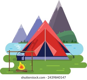 Escena de campamento. Carpa roja con fuego ardiente. Turismo exterior