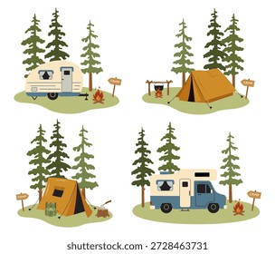 Escena de camping con remolque y tienda de campaña en bosque de pinos, viaje al aire libre de Vector plano y concepto de estilo de vida ecológico, perfecto para el turismo, la aventura, las vacaciones en familia y el diseño temático de la naturaleza.