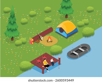 Camping Scene with Tent, Campfire, Fishing Dock, and Raft on River 3d flat vector illustrations
