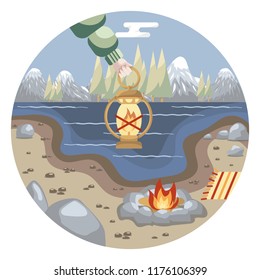 Camping scenery with a hand holding a lantern, a bonfire and stones on the ground, a lake, mountains and trees in the background. Flat style vector illustration.