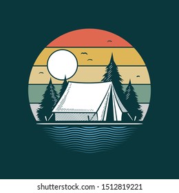 Camping scenery with tent in outdoor nature vector illustration