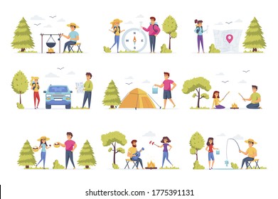 Camping scenes bundle with people characters. Mushroom hunting, traveling with camping tent, play guitar and sausage roasting on campfire, fishing situations. Summer camping flat vector illustration.