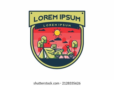 Camping with scooter flat illustration badge design