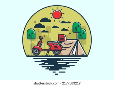 Camping with scooter flat illustration design