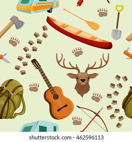 Camping seamless background pattern with elements of camp and hiking tourism and forest animals vector illustration