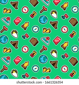Camping seamless color vector pattern. Trip, tourism, travel. Hiking stickers green background