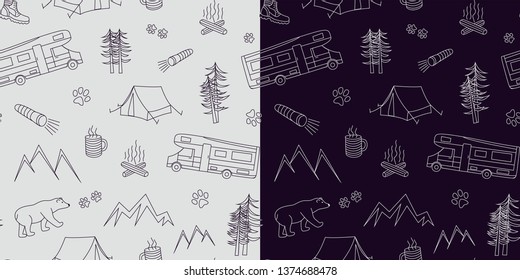 Camping seamless doodle pattern in two colors. Travel background for website, banner, books cover, textile, packaging design