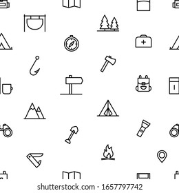 Camping seamless with outline icons. Hiking black pattern. Background with black line camping elements. Travelling wallpaper.