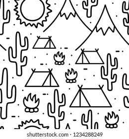 Camping Seamless Pattern, Advanture  Outdoor activity background, Vector illustration
