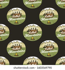 Camping seamless pattern with adventure badges. Travel wallpaper background. Stock vector
