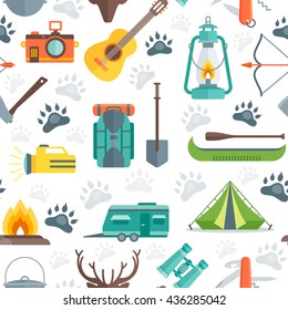 Camping seamless pattern with animal tracks tent boat flashlight guitar motor home on white background vector illustration 