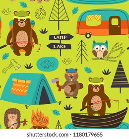 camping seamless pattern with animals on the lake  - vector illustration, eps