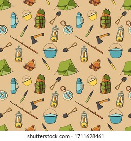 Camping. Seamless pattern with camping attributes. Stock illustration. Cartoon style. Design for wallpaper, fabric, textile, packaging, website.