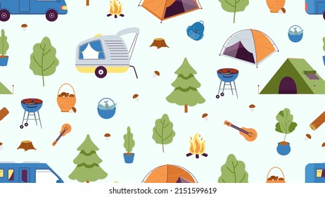 Camping seamless pattern. Camp tent, cars and tree, fire and mushroom. Summer autumn forest adventures print, vector nature background