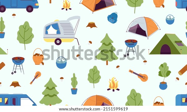 Camping seamless pattern. Camp tent, cars and\
tree, fire and mushroom. Summer autumn forest adventures print,\
vector nature\
background