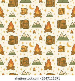 Camping Seamless Pattern with Campfire, Backpack, Mountains, Moon and Stars - Cute Cartoon