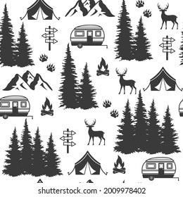 Camping Seamless Pattern. Campfire, Forest, Van, Tent On A White Background. Vector Vacation Pattern. Summer Design For Fabric, Paper, Cover, Interior Decor.