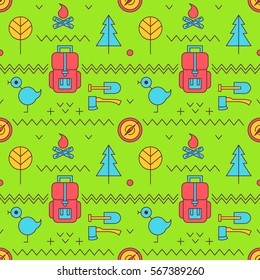 Camping seamless pattern. Cartoon vector illustration. Trekking, walking, hiking