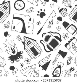 Camping Seamless Pattern in doodle style. Cabin weekend and Hiking hand drawn black and white background with falling journey recreation fishing and forest symbols. Repeat vector illustration