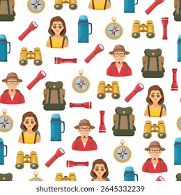 Camping seamless pattern. Flat vector clipart, illustration with isolated background.