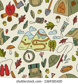Camping seamless pattern. Hand drawn camping and hiking elements. Cute background full for flyers and posters. Vector illustration. 