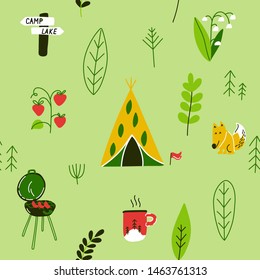 Camping seamless pattern. Hand-drawn camping and hiking elements. Cute background full for flyers and posters. Vector cartoon illustration. 