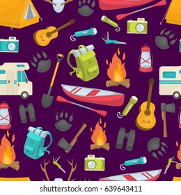 Camping seamless pattern with lantern shovel binoculars tent backpack axe flashlight boat on purple background vector illustration