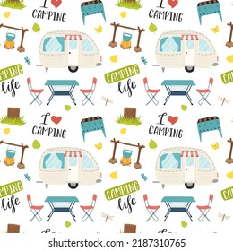 Camping seamless pattern with motorhome and camping furniture. Hand drawn cartoon travel elements and lettering. Backdrop for website, banner, cover, textile, packaging. Vector illustration on white