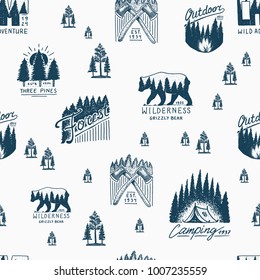camping seamless pattern, mountains coniferous forest and wooden logo. engraved hand drawn in old vintage sketch. emblem tent tourist, travel for labels. landscapes with pine trees background