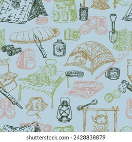 Camping seamless pattern. Ornament of outdoor adventure, hiking equipment, journey supply. Vector design in engraving style.