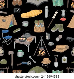 Camping seamless pattern. Ornament of outdoor adventure, hiking equipment, journey supply. Vector design in cartoon style.