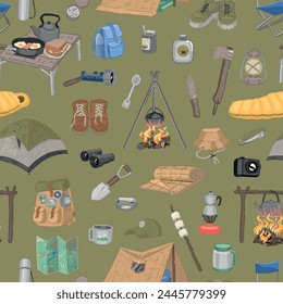 Camping seamless pattern. Ornament of outdoor adventure, hiking equipment, journey supply. Vector design in cartoon style.