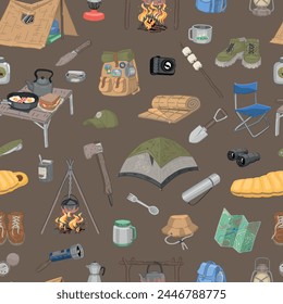 Camping seamless pattern. Ornament of outdoor adventure, hiking equipment, journey supply. Vector design in cartoon style.