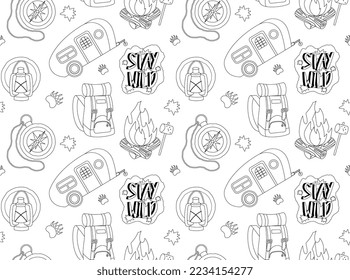 Camping seamless pattern outline. Repeating design element for printing on fabric. Minimalistic creativity. Active lifestyle and hiking. Marshmallow on stick by fire. Cartoon flat vector illustration