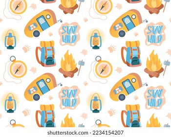 Camping seamless pattern. Repeating design element for printing on fabric. Mobile home, travel and adventure, active lifestyle. Bonfire, compass, text and lamp. Cartoon flat vector illustration