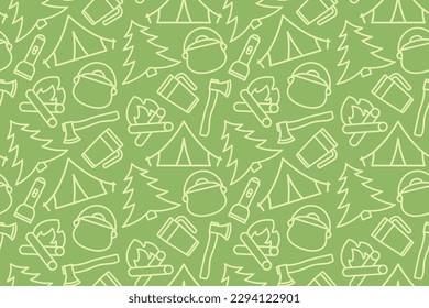 camping seamless pattern with tent, campfire, cooking pot, fire tree, thermo cup, axe and flashlight line icons- vector illustration