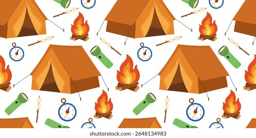 Camping padrão sem costura com tendas, fogueiras, marshmallows, lanternas e bússolas — fundo vetor colorido com equipamentos de acampamento e elementos ao ar livre. Ideal para projetos com temática de aventura.