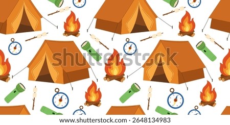 Camping seamless pattern with tents, bonfires, marshmallows, flashlights, and compasses — colorful vector background with camping gear and outdoor elements. Ideal for adventure-themed designs.