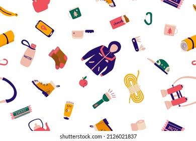 Caminando sin fisuras. Impresión turística y veraniega con chaqueta, alfombra, botella de agua, binoculares, botas, smartphone. С ilustración vectorial de artoon. Textura hipster de estilo para tela, envoltura, textil