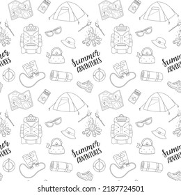 Camping seamless pattern. Travel equipment and gear. Hand drawn outline hiking elements and lettering. Doodle backdrop for website, banner, textile, packaging design. Vector illustration on white