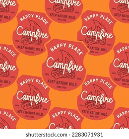 Camping seamless pattern. Travel wallpaper with adventure campfire badges. Stock vector wallpaper background