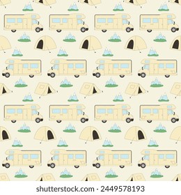 Camping seamless pattern. Van with tents endless background. Forest and mountain tourism repeat decoration. Vector flat outline illustration.