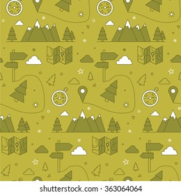 Camping Seamless Pattern. Vector illustration in outline style