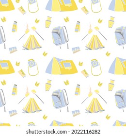 Camping seamless pattern vector Scandinavian style. Travel camp background. Bright hiking equipment, tent, tourist backpack, bonfire. Forest adventure print for fabric, textile, paper.