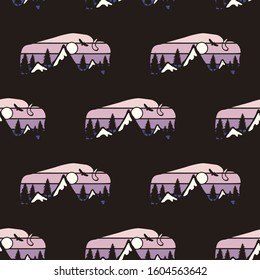 Camping seamless pattern with wild animal labels buffalo badges. Travel wallpaper background. Stock vector