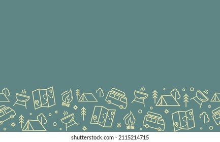 Camping seamless vector pattern. Outdoor recreation, hike horizontal banner with outline icons of campfire, tent, truck, map, barbecue and forest. Design for web page poster, wallpaper, packaging.